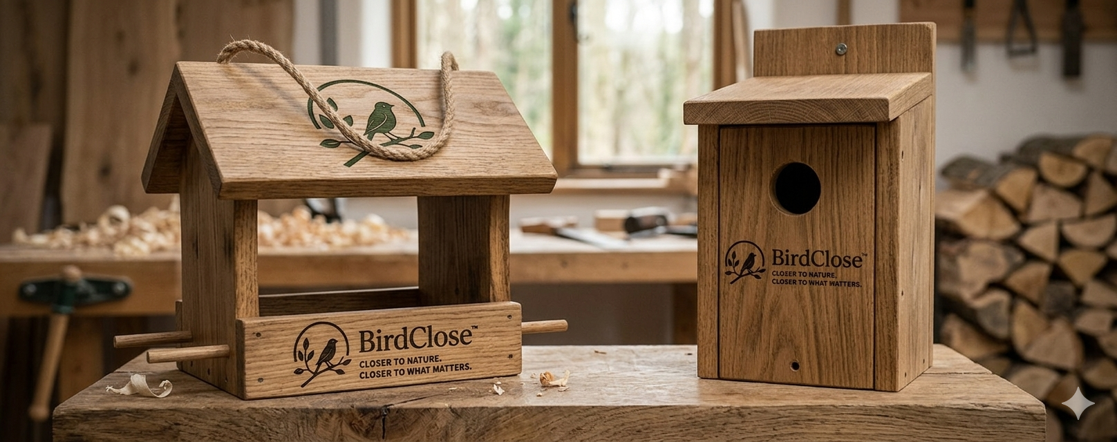 Wooden bird nestbox and bird feeder