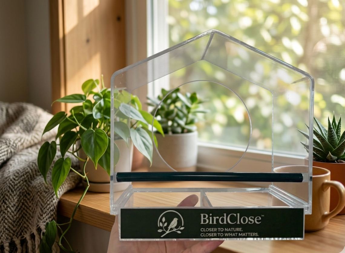 BirdClose Chalet premium acrylic window bird feeder indoor