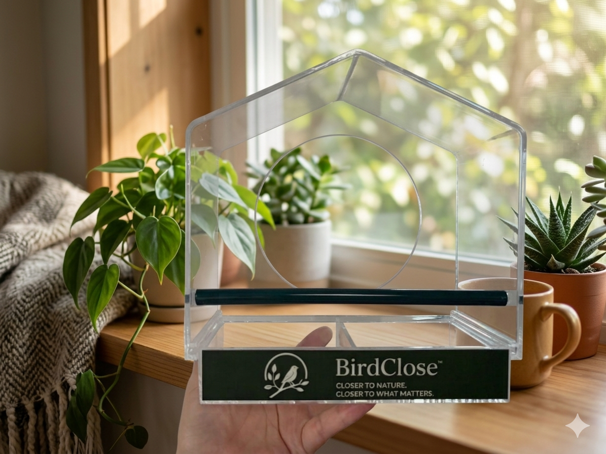 BirdClose Chalet window bird feeder indoor