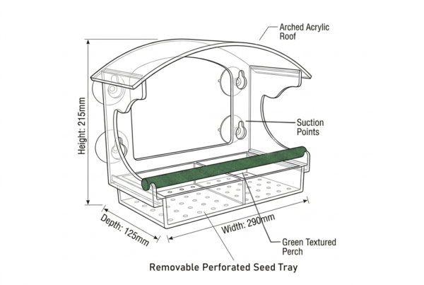 BirdClose Haven window bird feeder measures BirdClose Haven window bird feeder measures