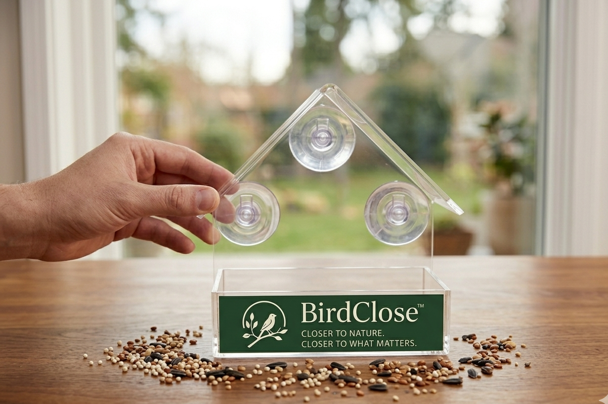 BirdClose Lodge compact clear window bird feeder attached to glass with birds feeding.