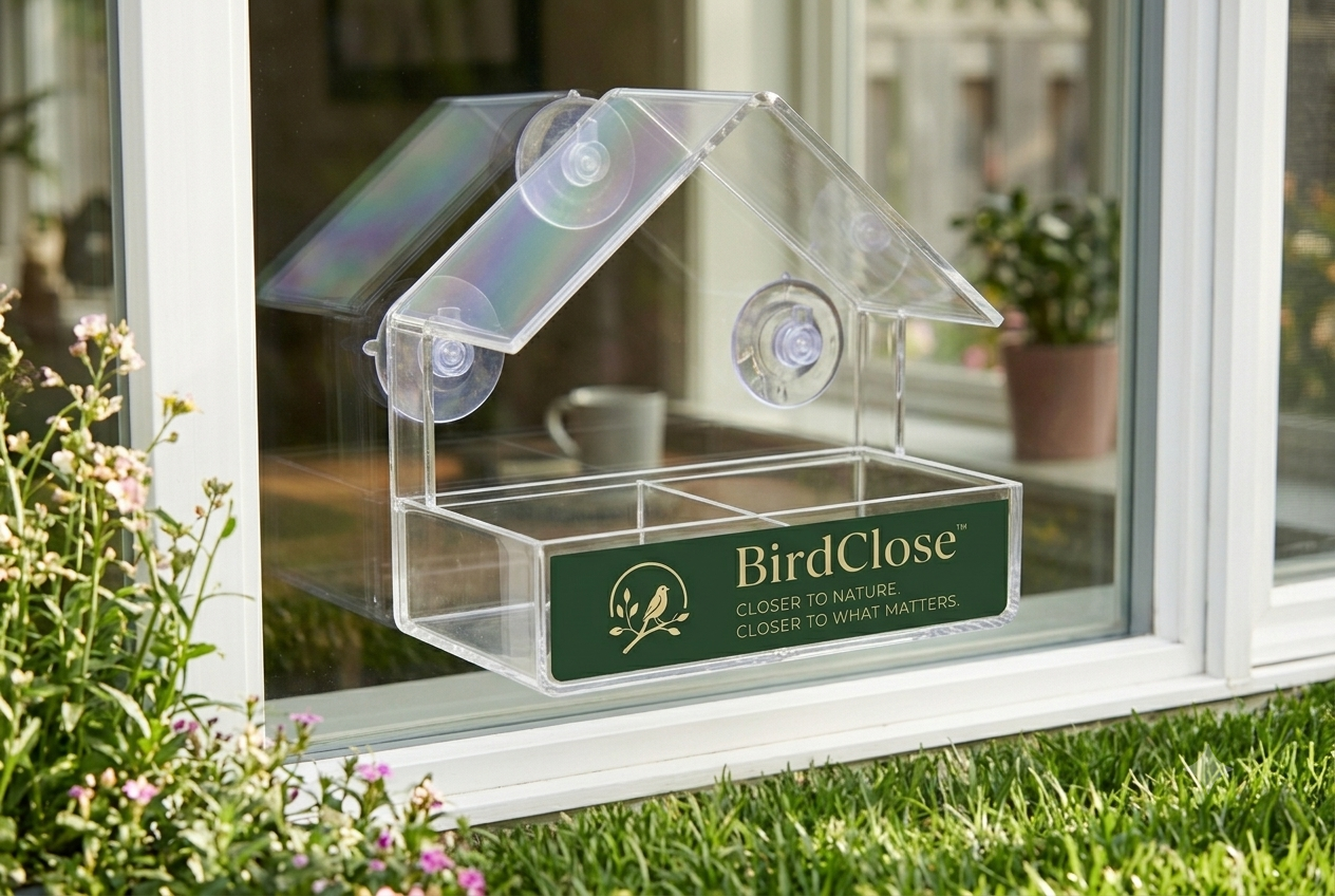 BirdClose Lodge compact clear window bird feeder attached to glass with birds feeding.